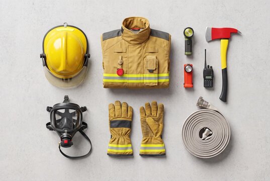Flat lay of firefighter equipment uniform and tools on grey surface