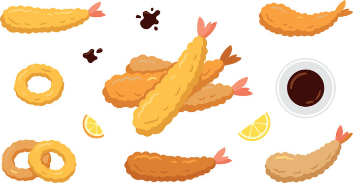 Japanese tempura shrimp vector set featuring fried prawns, crispy ebi deep-fried seafood, golden calamari squid rings, dipping soy sauce, and fresh lemon slices.