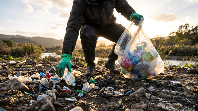 Volunteer picking up plastic waste and trash on a riverbank during sunset for environmental cleanup and conservation