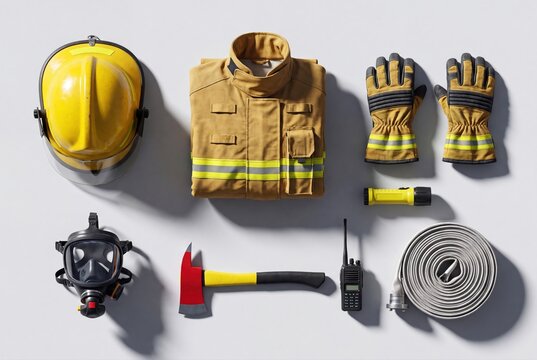 Firefighter equipment set flat lay with jacket, helmet, and tools