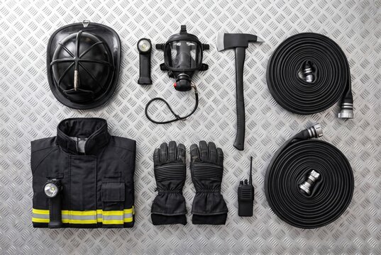 Set of professional firefighter equipment laid out on metal background