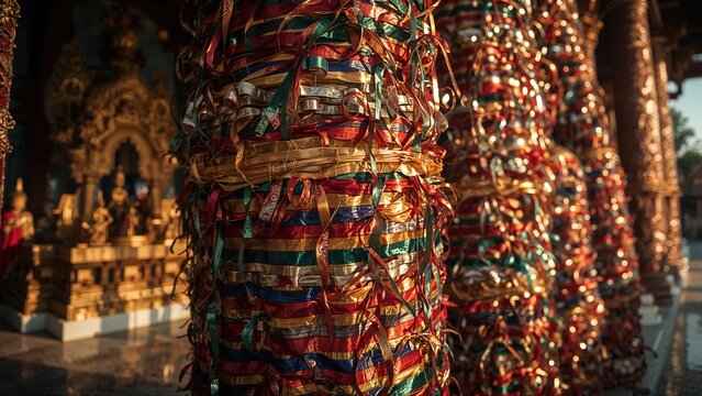 A stack of colorful ribbons wrapped around a post at a temple or cultural site.