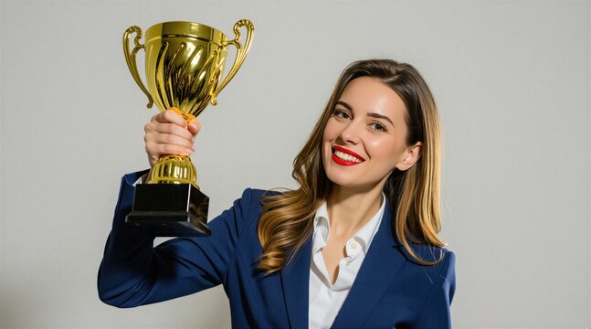 Happy businesswoman holds golden trophy cup in studio. Smiling female professional wearing blue formal suit enjoys victory after work career achievement. Confident young lady celebrates business