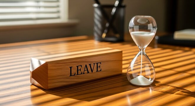 Hourglass and wooden block with word leave on desk