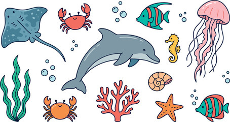 Marine Life Vector Collection Featuring Dolphin Jellyfish Stingray Tropical Fish Seahorse Crab Coral and Seaweed in Cute Flat Cartoon Illustration Style © Danial