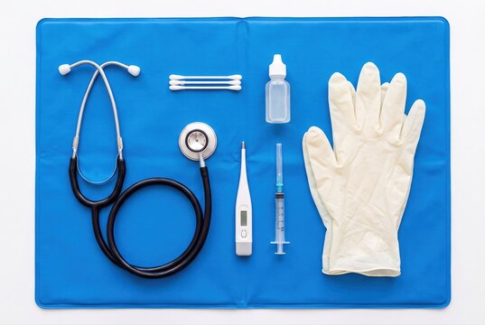 Medical equipment and diagnostic tools on a blue background top view