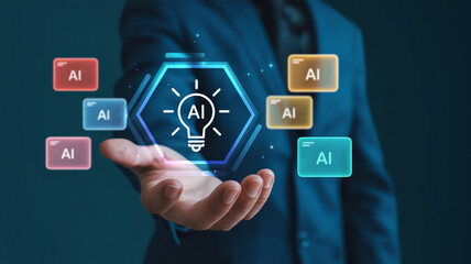 Fototapeta premium Business professional holding virtual lightbulb symbol representing ai innovation.
