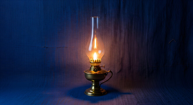 Glowing Vintage Kerosene Lamp on Blue Fabric Background