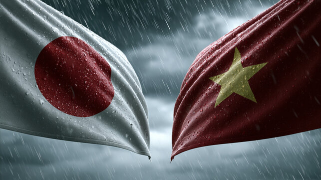 Stormy skies overlapping flags of japan and vietnam representing cultural unity and international relations