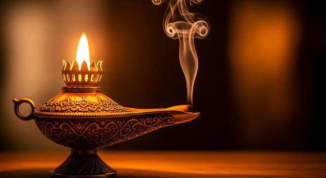 Ornate golden oil lamp with bright flame and rising smoke on a dark background