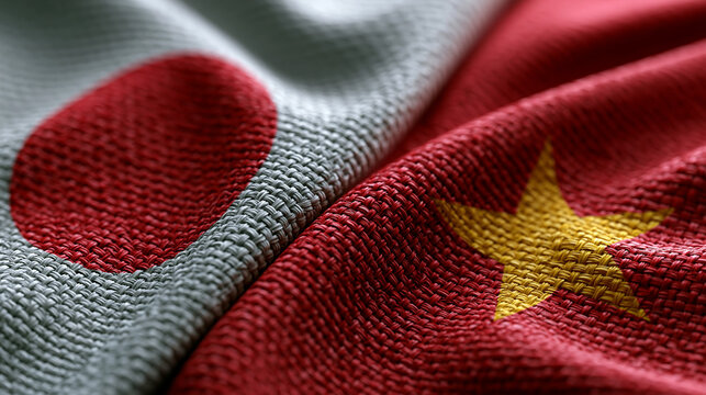 Detailed view of japanese and chinese flags intertwined representing cultural exchange and international relations