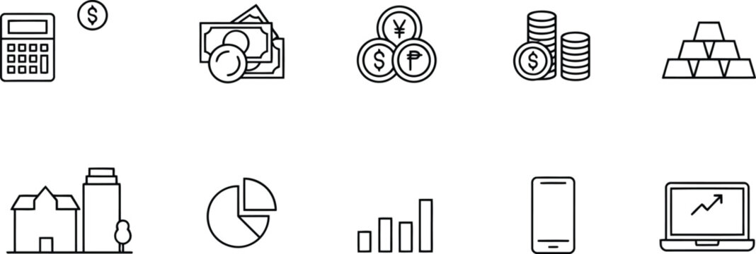 Collection of financial and business including calculator money charts and buildings
