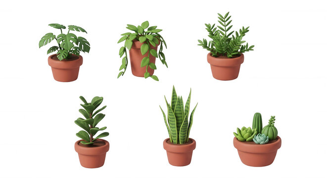3d rendered illustration of six different potted plants in terracotta pots on a white surface possibly for a design project