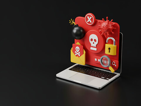 3D render of a laptop facing cyber attack malware threat and phishing isolated on dark background