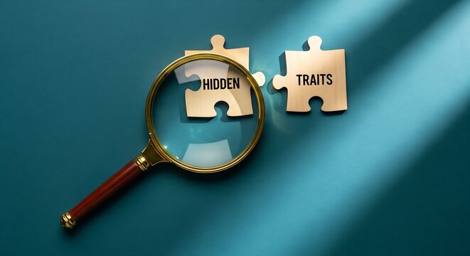 Magnifying glass over puzzle pieces with hidden traits text