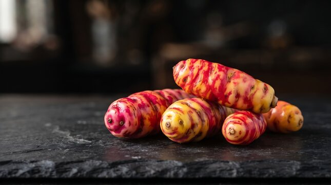 Raw oca tubers lying on a rustic dark slate surface in kitchen ready for cooking tasty vegan food.