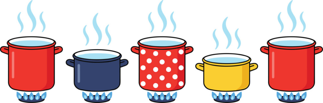  Colorful cartoon boiling pots on gas stove burners with rising hot steam bubbles flat vector illustration collection.