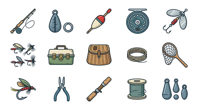 Modern Colorful of Fishing Gear and Accessories Set for Anglers with high quality professional line art symbols for modern creative design and digital branding projects