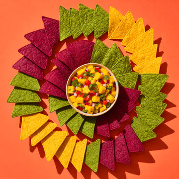 Colorful tortilla chips arranged in spiral around mango salsa bowl