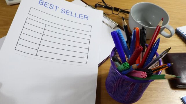 A man's hand places a sheet of paper with the words Best Seller on it on the desk