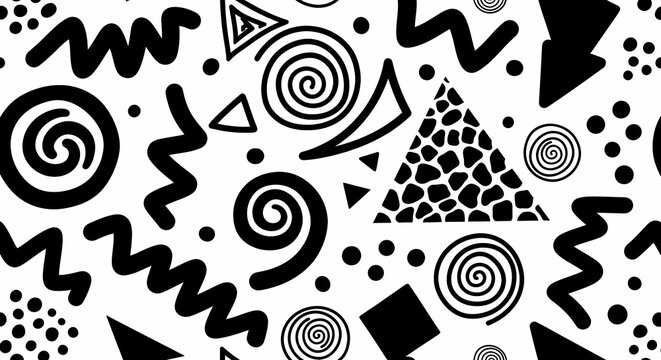 Seamless pattern with hand drawn black and white abstract geometric shapes and doodles.