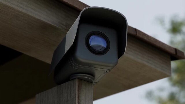 Modern dome security camera mounted under roof overhang showing surveillance lens detail