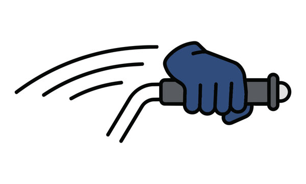 Flat monoline icon of a hand gripping a motorcycle handlebar with motion lines on a white background, speed and freedom concept
