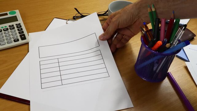A man's hand places a sheet of paper with a printed table on the desk.