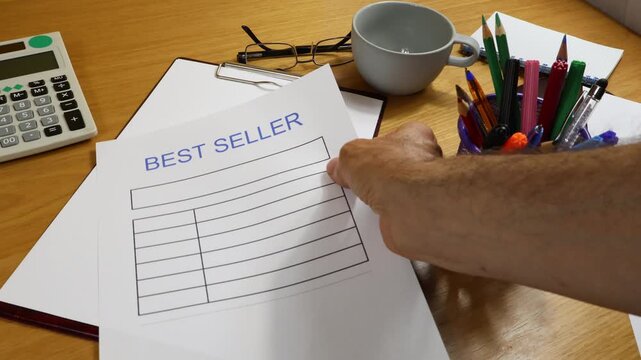 A man's hand removes a sheet of paper with the words Best Seller written on it from the desk.