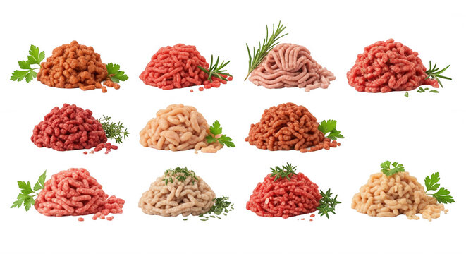 assorted ground meat various types on a clean white background for culinary and food industry applications