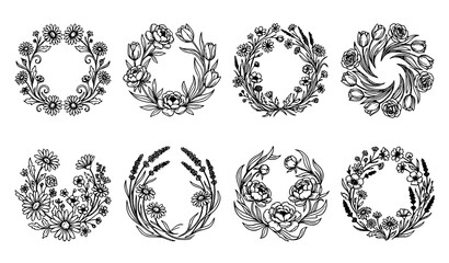 Fototapeta premium Vintage Laurel Wreath Collection with Blooming Floral Round Frames Vector Illustration