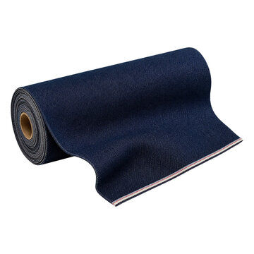 Roll of navy blue denim fabric isolated on white background, textile material for sewing and manufacturing