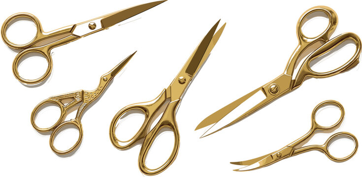 Golden vintage tailoring scissors collection ornate embroidery shears and classic sewing tools realistic vector clip art.