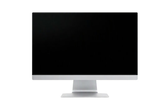 Modern widescreen computer monitor with sleek silver stand, black screen, minimalist thin bezel design, contemporary technology display for office, home workspace, or entertainment setup