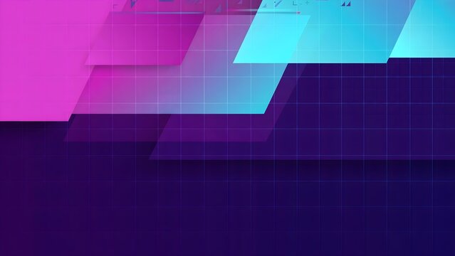 Abstract presentation background inspired by 1990s graphic design with flat geometric panels and soft VHS style cyan magenta gradients