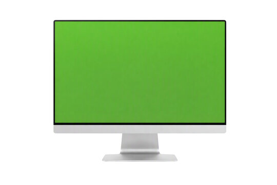 Modern computer monitor with sleek silver stand and thin bezel displaying bright green chroma key screen for digital media production, editing, and background replacement