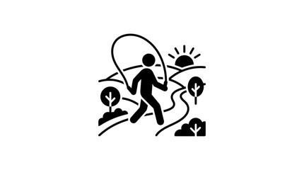Fototapeta premium Silhouette person jumping rope in sunny outdoor landscape, healthy lifestyle icon
