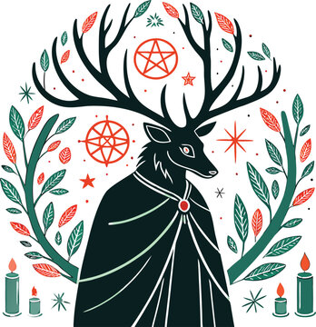 Mystical stag occult illustration, pagan deer spirit with antlers and pentagram, linocut style forest god vector with candles and leaves
