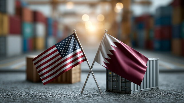 Symbolic representation of u.S. And qatari trade relations with miniature flags in a shipping environment