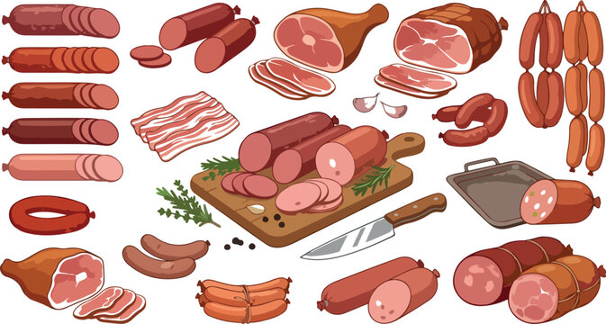 Butcher Shop Sausage Salami Ham Meat Cartoon Vector Illustration Set
