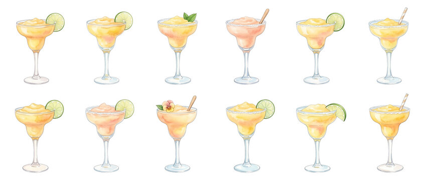 Frozen Margarita Watercolor Cocktail Set of isolated summer drinks with lime, mint, and strawberry slushy garnishes on black background, perfect for bar menu design, party invitations, and clip art.