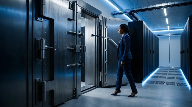 Professional woman walking into a secure server room bank vault for data