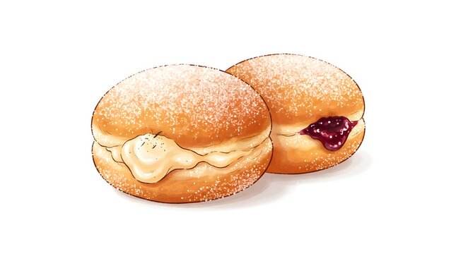 cartoon bomboloni donuts with assorted fillings isolated on white background, bomboloni pastry collection with cream chocolate and berry filling, bomboloni illustration isolated on white