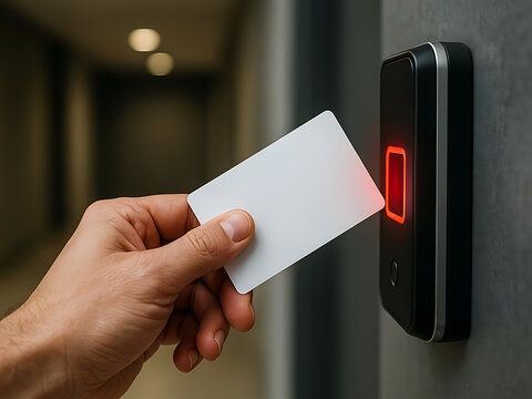 Hand inserting access card into electronic key card reader for entry