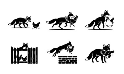 Fototapeta premium 70 Fox and Chicken Story Icons, Woodland Animal Fable Illustrations, Black and White Vector Graphics for Children's Books and Nature Themes 100