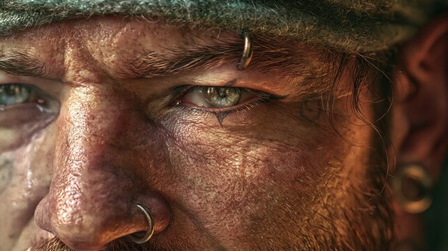 Intense gaze of a weathered man with facial piercings and a knitted cap.