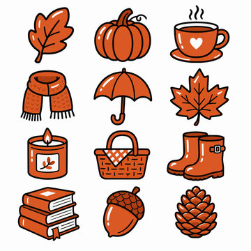 Cute autumn icon set featuring pumpkin leaf scarf umbrella candle basket boots books acorn and pinecone.