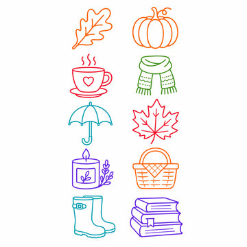 Colorful autumn line art icons set with pumpkin maple leaf scarf umbrella rain boots books candle and hot drink cup.