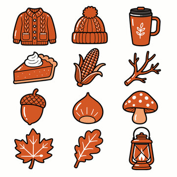 Cute autumn sticker set with cozy sweater beanie pie corn acorn mushroom leaves and lantern icons.