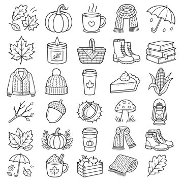 Autumn doodle set with hand drawn fall elements and icons in sketch style.